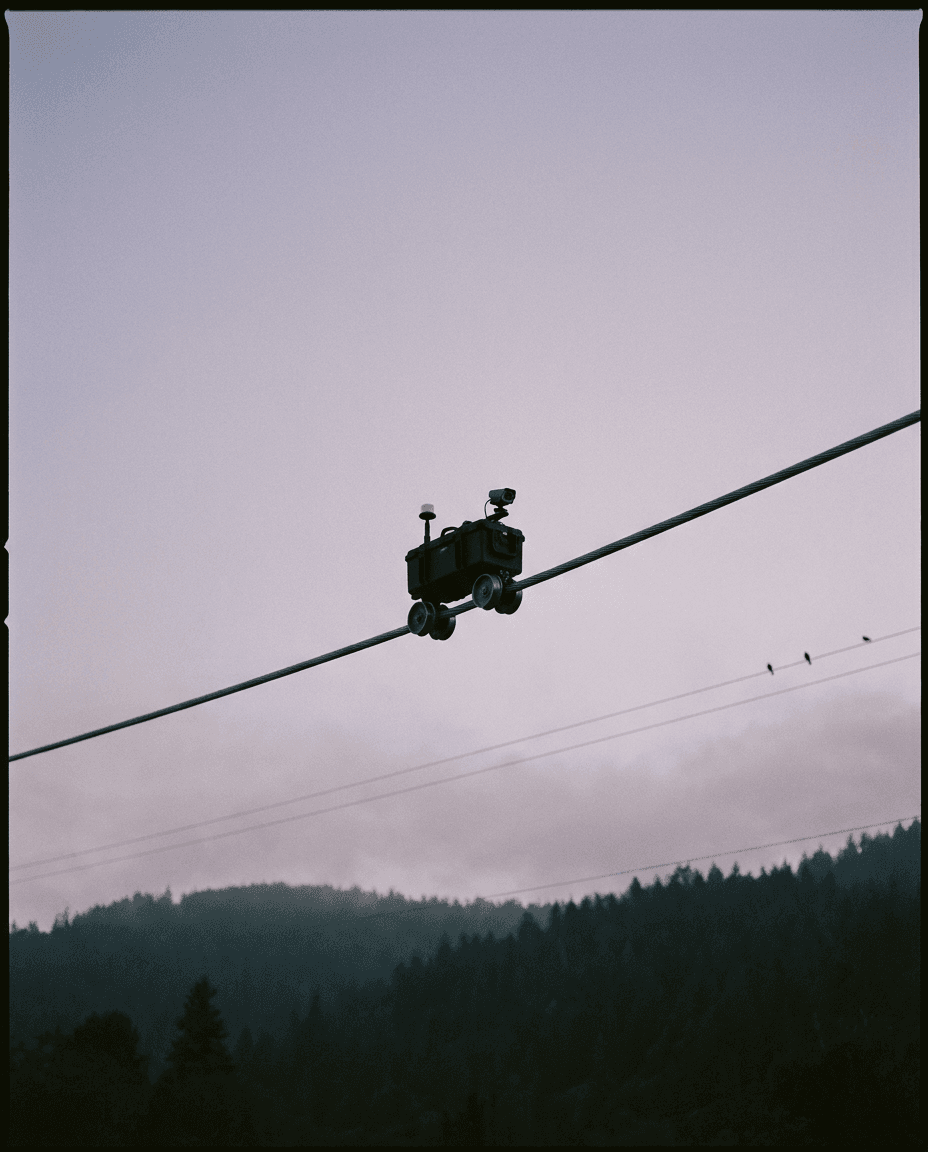 Scooter Bro silhouetted on a sagging conductor at dusk, birds on a parallel wire behind