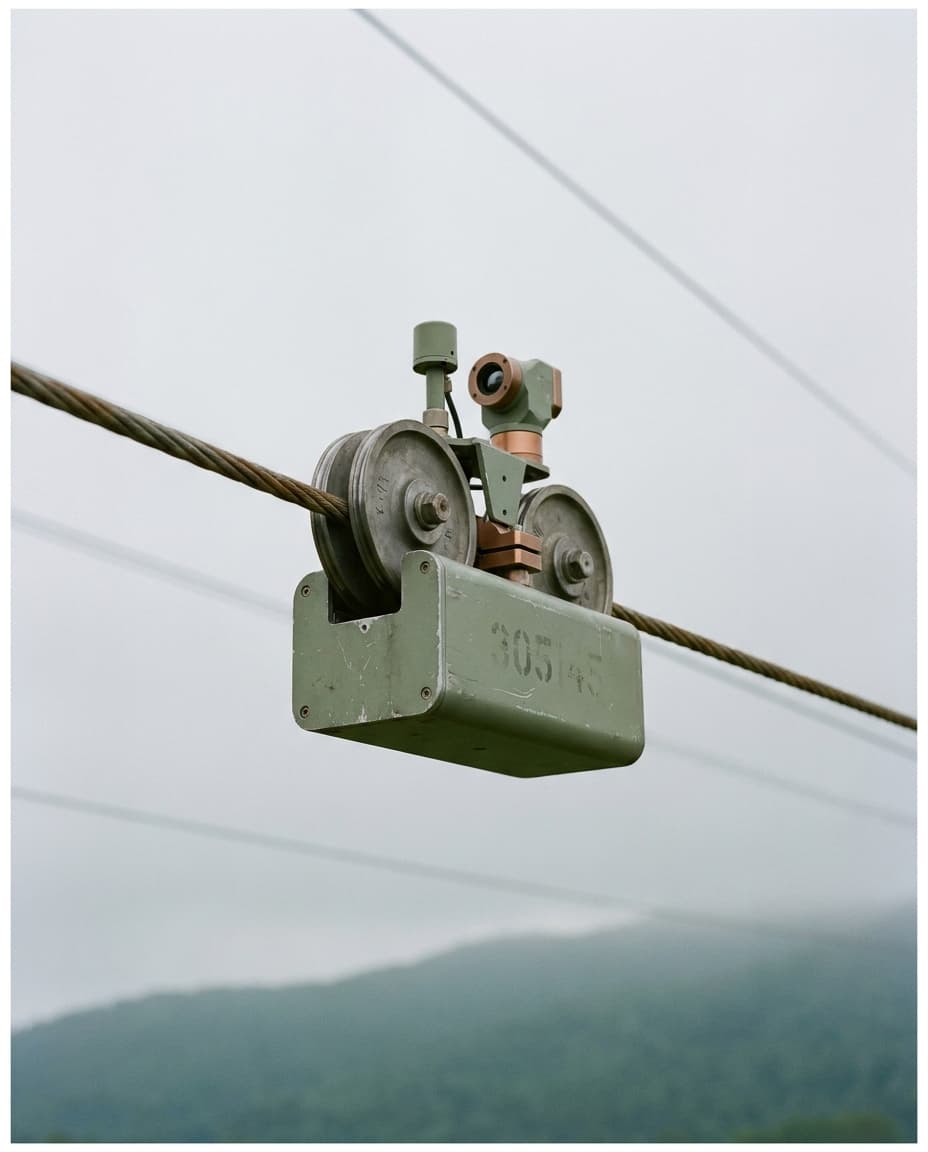 Scooter Bro clamped onto a stranded conductor under an overcast sky, photographed from a few meters away