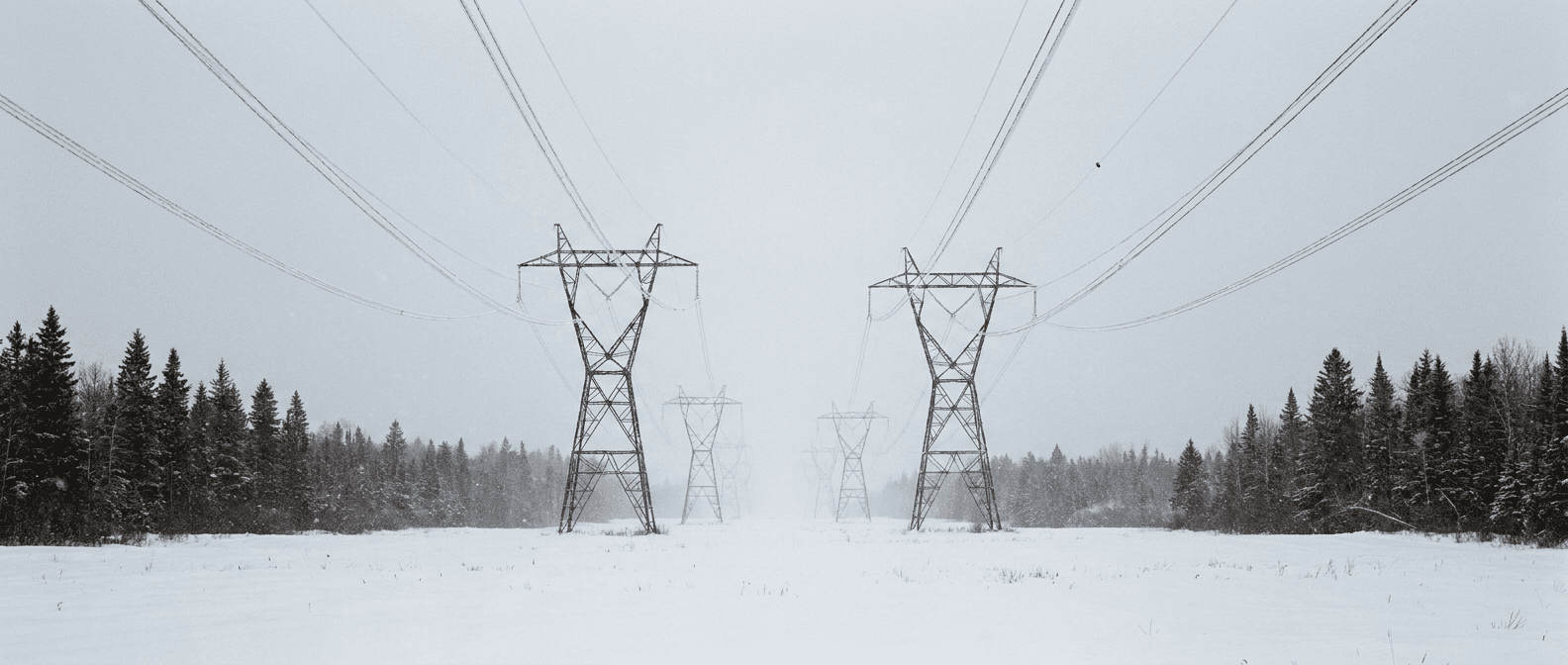 A snowed-in transmission corridor with rime-iced conductors, the robot a distant speck on the line
